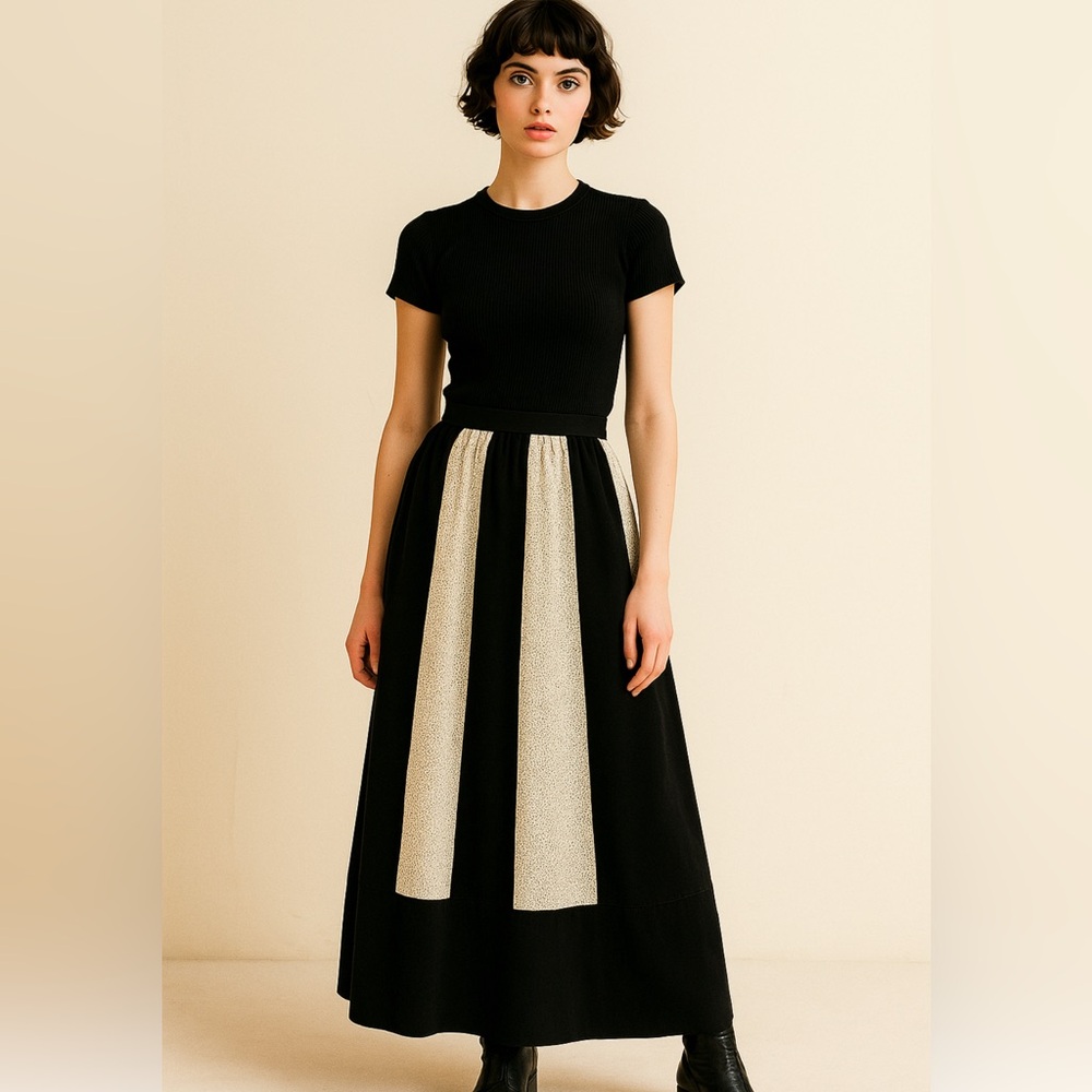 VINTAGE 70s JEANNE BOUCHEVER Cotton Velvet & Lace Patchwork Maxi Skirt S-L - Picture 1 of 16